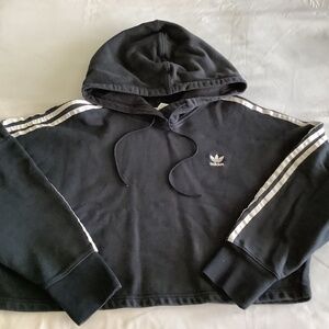 Adidas Black Cropped Hoodie with 3 Stripes – Size M